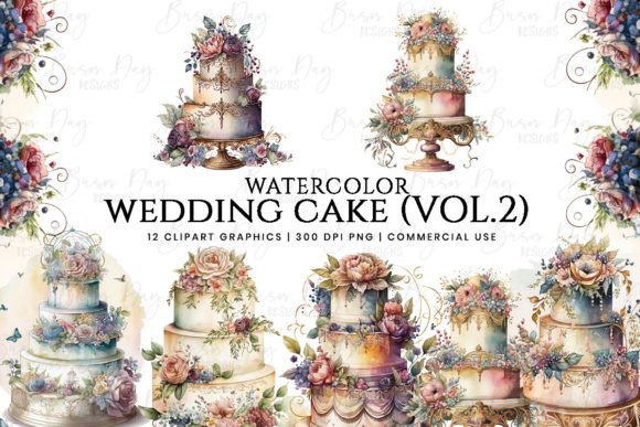 Elegant Watercolor Wedding Cake Clipart for Creative Projects