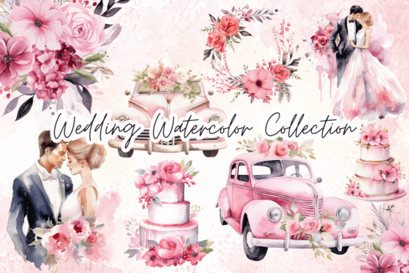 Wedding Pink Theme Watercolor Clipart for Design Projects